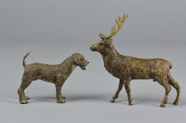 AN EARLY 20TH CENTURY COLD PAINTED BRONZE OF A STAG, height approximately 13cm, together with a cold