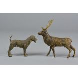 AN EARLY 20TH CENTURY COLD PAINTED BRONZE OF A STAG, height approximately 13cm, together with a cold