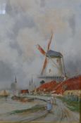 L VAN STAATEN, Figures by waters edge with windmill against stormy sky, companion study of church
