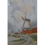 L VAN STAATEN, Figures by waters edge with windmill against stormy sky, companion study of church