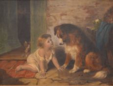 ENGLISH SCHOOL, 19th Century, young child outside a cottage door, large dog seated nearby and a
