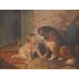 ENGLISH SCHOOL, 19th Century, young child outside a cottage door, large dog seated nearby and a