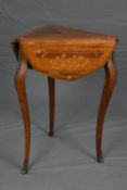 A 19TH CENTURY LOUIS XVI STYLE WALNUT ROSEWOOD AND INLAID TRIANGULAR DROP LEAF TABLE, brass mounts