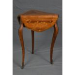 A 19TH CENTURY LOUIS XVI STYLE WALNUT ROSEWOOD AND INLAID TRIANGULAR DROP LEAF TABLE, brass mounts