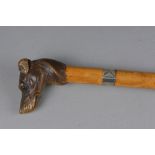 A VICTORIAN MALACCA WALKING STICK, carved dog's head handle, black eyes, the stick with white