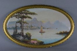 H. SALARI, Continental mountain lake scenes, with boats on the water and coastal villages in the