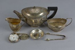 A MATCHED VICTORIAN/EDWARDIAN OVAL PART REEDED BACHELOR'S TEASET, twin handled sugar bowl maker