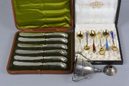 A CASED SET OF SIX 20TH CENTURY NORWEGIAN GILT STERLING AND ENAMEL HARLEQUIN COFFEE SPOONS,