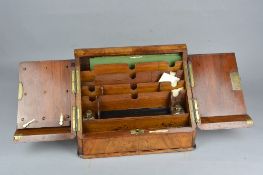 A VICTORIAN BURR WALNUT AND WALNUT STATIONARY BOX, the hinged top above sloped double doors