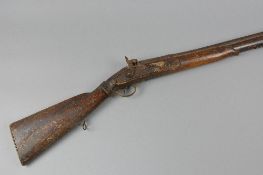 AN ANTIQUE PERCUSSION SMOOTH BORE MUSKET, of typical native manufacture fitted with a 41' barrel,