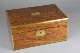 A VICTORIAN WALNUT AND BRASS BOUND WRITING SLOPE, hinged cover opening to reveal ebonised interior