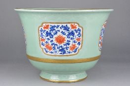 A LATE 19TH CENTURY CHINESE REPUBLIC JARDINIERE, celadon glaze with gilt rims, the main body with