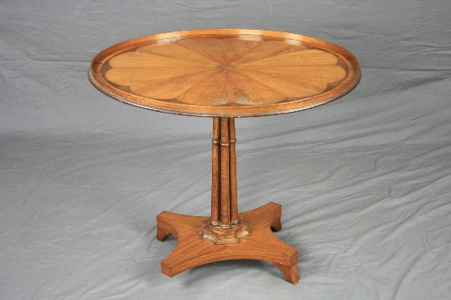 A 19TH CENTURY OVAL SATINWOOD, ROSEWOOD INLAID AND BANDED TILT TOP TABLE, the galleried top with