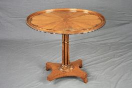 A 19TH CENTURY OVAL SATINWOOD, ROSEWOOD INLAID AND BANDED TILT TOP TABLE, the galleried top with