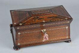 AN EARLY VICTORIAN ROSEWOOD AND MOTHER OF PEARL INLAID SARCOPHAGUS TEA CADDY, the interior fitted