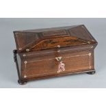 AN EARLY VICTORIAN ROSEWOOD AND MOTHER OF PEARL INLAID SARCOPHAGUS TEA CADDY, the interior fitted