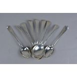 A SET OF SEVEN GEORGE VI OLD ENGLISH PATTERN SILVER SOUP SPOONS, makers James Dixon & Sons Ltd,