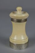A LATE VICTORIAN IVORY AND SILVER MOUNTED PEPPERMILL, makers Haseler Brothers (Edward John Haseler &