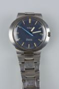 AN OMEGA GENEVE DYNAMIC GENTS WRISTWATCH, with oval steel case, blue dial, silver baton markers,