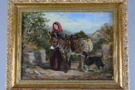 HEYWOOD HARDY (BRITISH 1842-1933), Going to Market, a girl leading her donkey, with wicker pannier