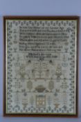 AN EARLY 19TH CENTURY NEEDLEWORK SAMPLER, worked in silks on a linen ground, floral border enclosing