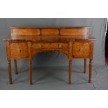 AN EARLY 19TH CENTURY OAK AND MAHOGANY CROSSBANDED BREAKFRONT SIDEBOARD, the short raised back