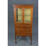 AN EDWARDIAN MAHOGANY AND SATINWOOD BANDED DISPLAY/SHEET MUSIC CABINET, dentil style frieze above