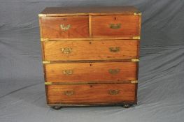 A LATE VICTORIAN TWO SECTION CAMPAIGN CHEST, brass bound corners, flush fitting brass handles,