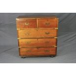 A LATE VICTORIAN TWO SECTION CAMPAIGN CHEST, brass bound corners, flush fitting brass handles,