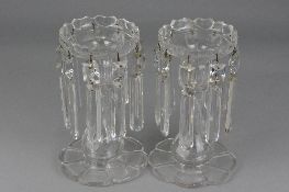A PAIR OF LATE VICTORIAN/EDWARDIAN CLEAR GLASS LUSTRES, each suspended with nine droppers, cut