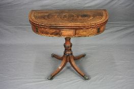 A GEORGE III MAHOGANY 'D' SHAPED FOLD OVER TEA TABLE, crossbanded and with line inlay, the frieze