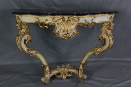 A 19TH CENTURY BAROQUE STYLE GESSO AND GILTWOOD CONSOLE TABLE, the later ebonised faux black