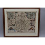 A 17TH CENTURY JOHN SPEED HAND COLOURED MAP OF STAFFORDSHIRE, showing town plans of Stafford and