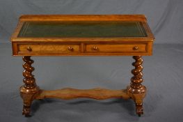 A VICTORIAN SATIN WALNUT WRITING DESK, short raised back, the top with tooled green leather inset