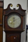 A GEORGE III OAK, MAHOGANY AND INLAID LONGCASE CLOCK, 30 hour movement, circular enamel dial,