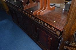 A LONG MODERN MAHOGANY SIDEBOARD, with three various drawers, approximate size width 207cm x depth