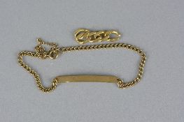 A MID-LATE 20TH CENTURY 9CT GOLD IDENTITY BRACELET, a narrow curved identity panel fitted to a plain