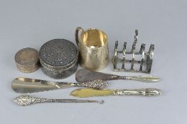 A BOX OF VARIOUS SILVER ITEMS, including toast rack, mug, pill boxes, etc