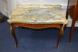 A FRENCH MAHOGANY MARBLE TOPPED OCCASIONAL TABLE, with gilt metal mounts (sd)