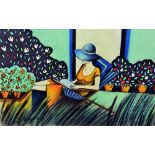 PASCALE BIGOT, an original pastel drawing of a woman in a garden, signed by the artist, unmounted,