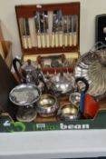 A BOX OF MIXED PLATED WARE, canteen, etc