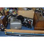 THREE PROJECTORS, 'CINEREX' WITH BOX, and two Bolex 18.5L, with a screen