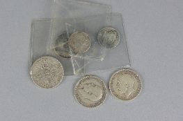SIX SILVER COINS, including Georgian shilling, etc