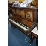 A VICTORIAN WALNUT AND INLAID UPRIGHT PIANO, with a pair of candleholders, signed to inner lid, A.