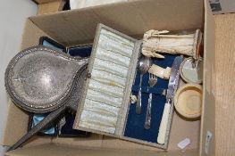 A SILVER MIRROR AND BRUSH, plated ware, etc