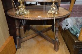 A ROUND COFFEE TABLE, hall table, an Old Charm TV cabinet and a pair of table lamps (5)