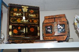 A JAPENESE INLAID WOODEN JEWELLERY CABINET, (s.d), together with a modern lacquered cabinet,