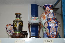 AN IMARI HEXAGONAL GINGER JAR AND COVER, an Imari baluster vase, a Canton cup and saucer and three