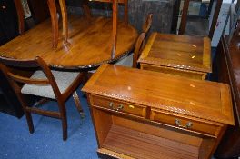A MAHOGANY BOOKCASE, two black ash bookcases, a small oak glazed cupboard, an oak sewing box, two