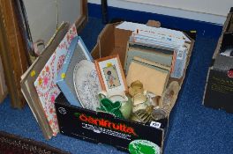 A BOX OF SUNDRIES, to include fossil of a fish, books, Dartmouth gurgle jug, Royal Doulton jug, USSR